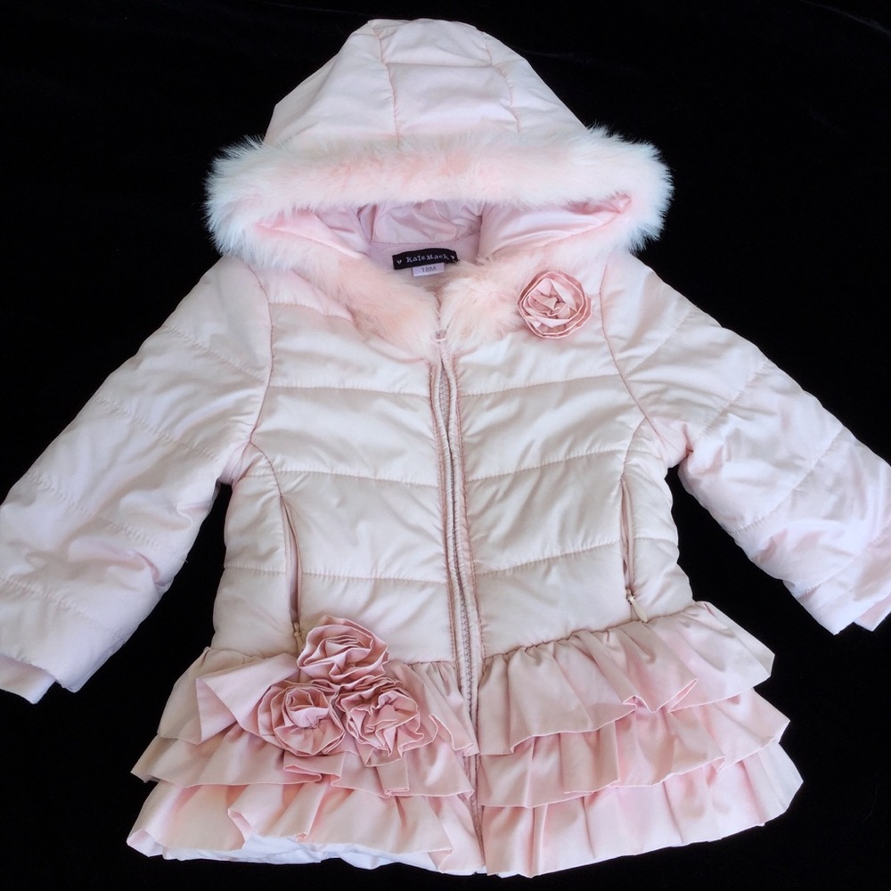 KATE MACK & BISCOTTI baby girl pink ruffle coat.